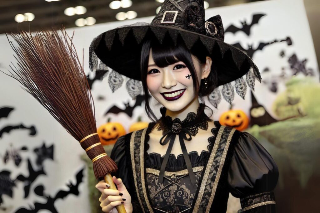 ハロウィンの魔法使いのコスプレをしている若い女性