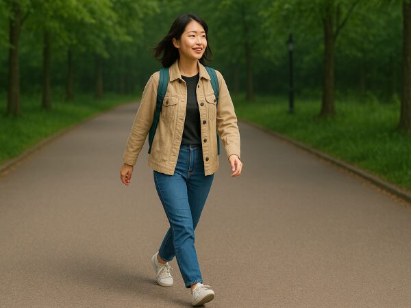 パーク内をパンツスタイルでリュックを背負ってさっそうと歩く女性
