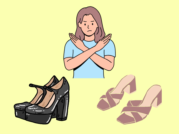 厚底サンダルとサンダルを並べてダメと言っている女性のイラスト