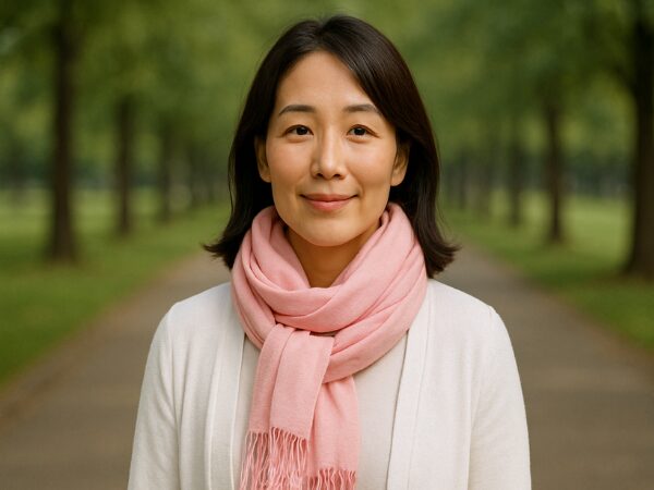 ピンク色のストールを巻いて、白い薄手のカーディガンを着た女性