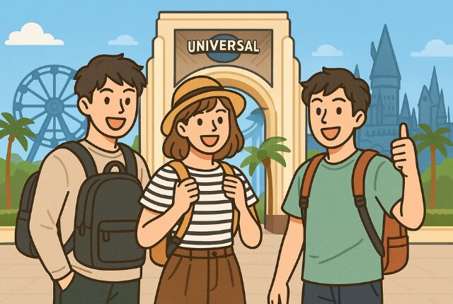 ユニバ入り口前で、3人の男女が笑顔で記念撮影をしている
