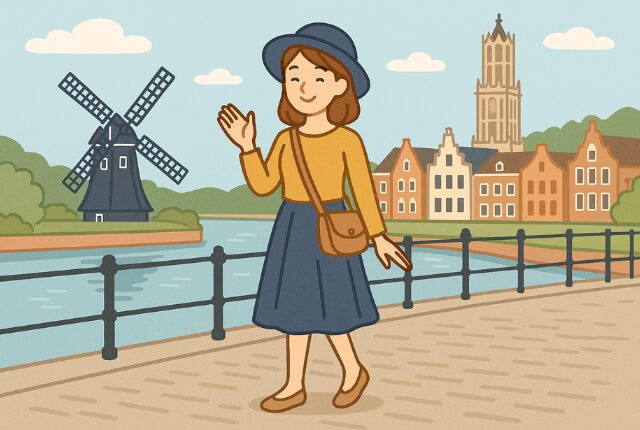 ハウステンボス内をスカートで笑顔で歩く女性のイラスト