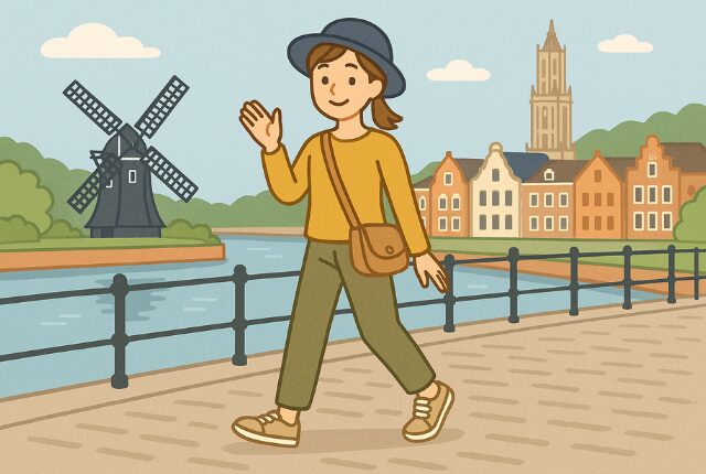 ハウステンボス内をパンツスタイルで歩く女性のイラスト