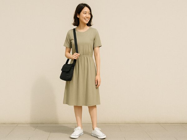 動きやすいミディ丈のカーキ色の半袖ワンピースを着て、黒いショルダーバッグをかけた女性
