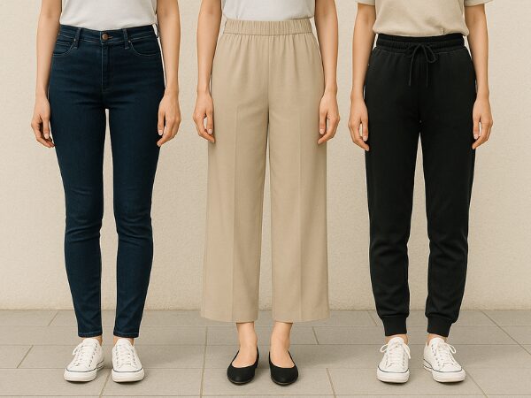 左からスキニーパンツ、ワイドパンツ、ジョガーパンツを履いた3人の女性