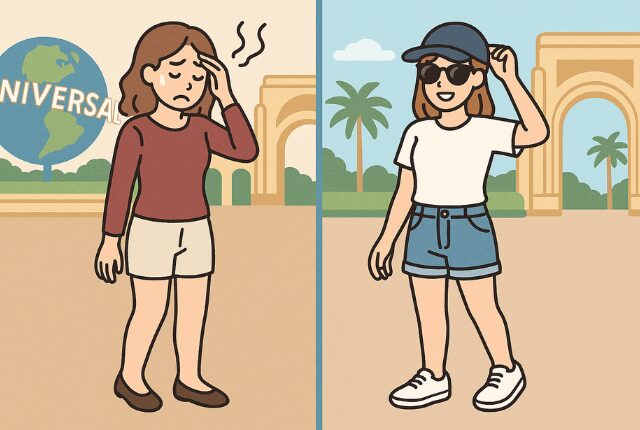 ユニバで長袖の服と歩きにくいパンプスで困っている女性と、帽子とサングラス、Tシャツ短パン姿で涼しそうな女性