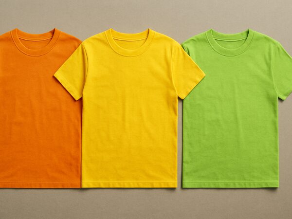 横に並んだオレンジ・イエロー・ライムグリーンのTシャツ