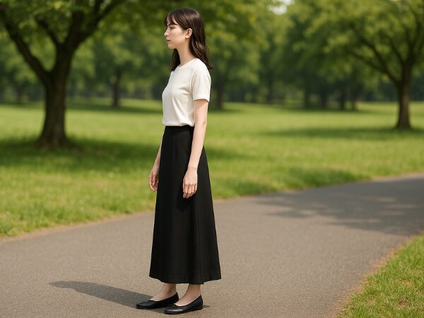 白いトップスに黒のロングスカートの女性