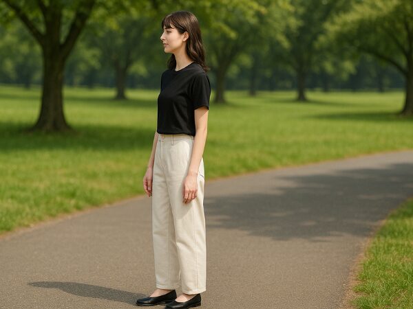 黒いTシャツにアイボリーのボトムスの女性