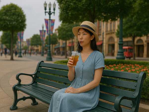 パーク内のベンチで休憩する女性
