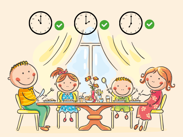 レストランのピーク時間を避けた4人家族のイラスト