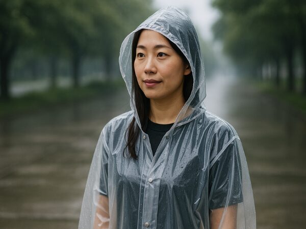 透明なレインコートを着た女性