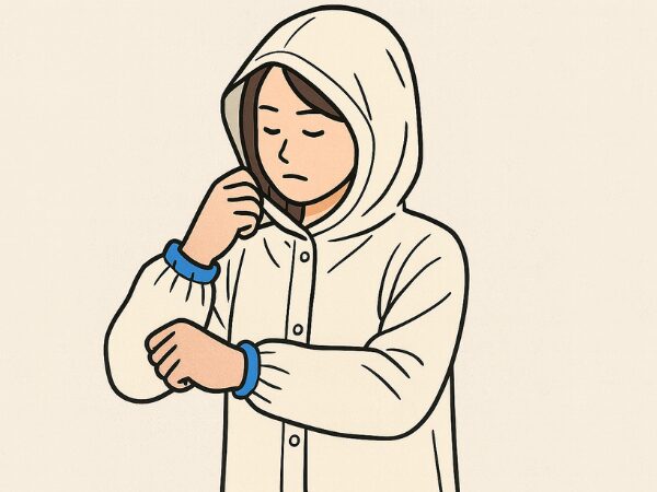 白いレインコートのフードと袖口をしっかり留めている女性のイラスト