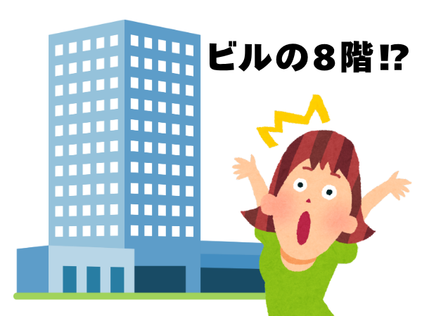 ビルの8階!?と驚く緑色の服を着た女性のイラスト