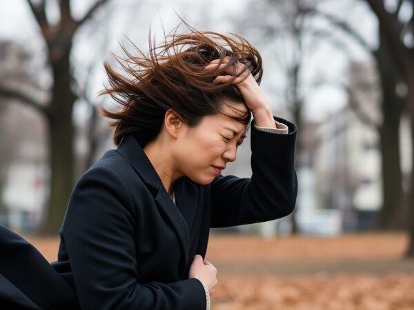 強風で髪の毛が乱れている女性