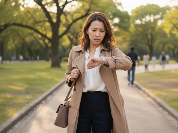 遅刻しそうで腕時計を見て焦っている女性