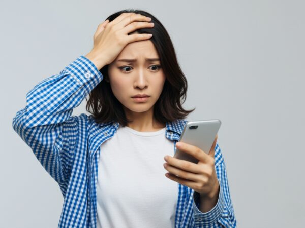 スマホの画面を見て焦っている女性