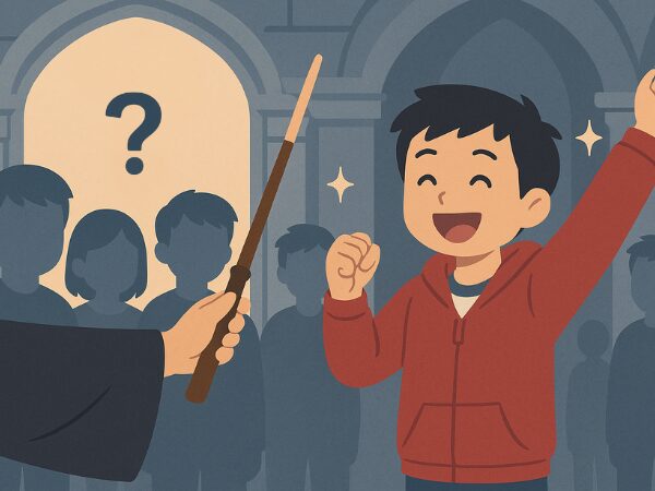 杖に選ばれて笑顔で左手を上げて喜ぶ赤いパーカーを着た男の子