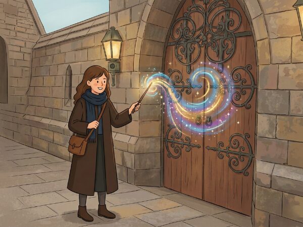 扉の前で鍵を開ける魔法をかけている女の子