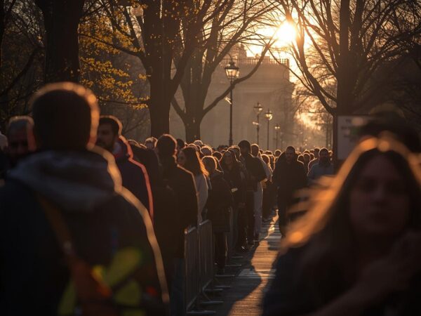 早朝のパーク入口に向かって並ぶ人々
