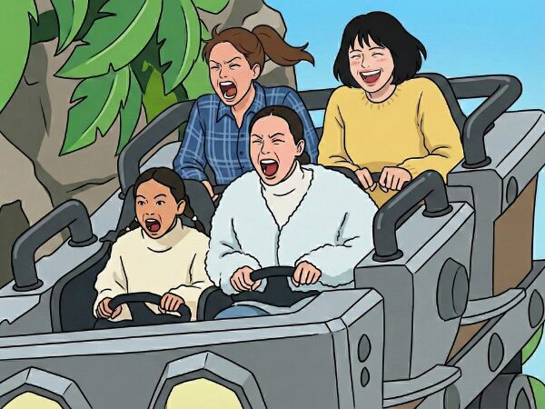 ドンキーコングトロッコに乗って絶叫している4人の女性