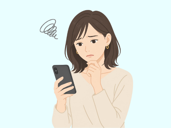 スマホ画面を見て困っている女性のイラスト