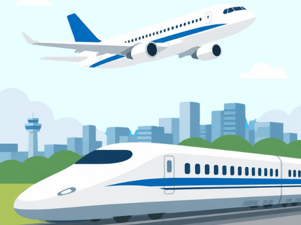 青い空に映える飛行機と新幹線