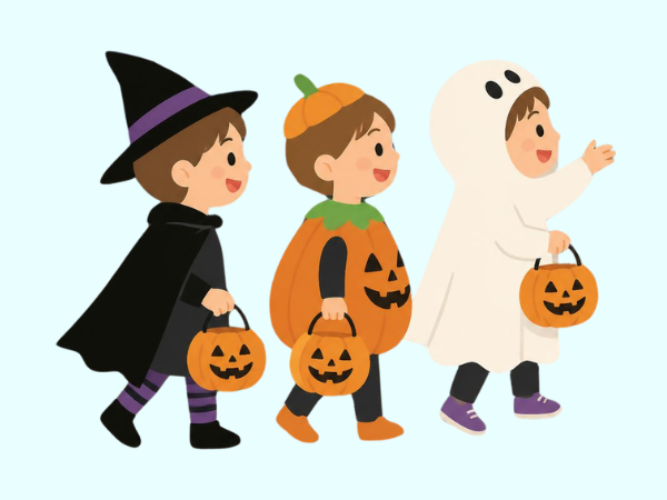 仮装してトリック・オア・トリート!と声をかけている3人の子ども