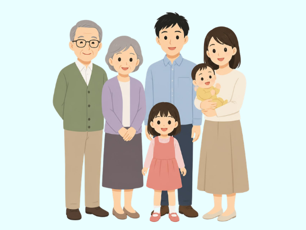 祖父、祖母、父、母、赤ちゃん、5歳の女の子の6人家族