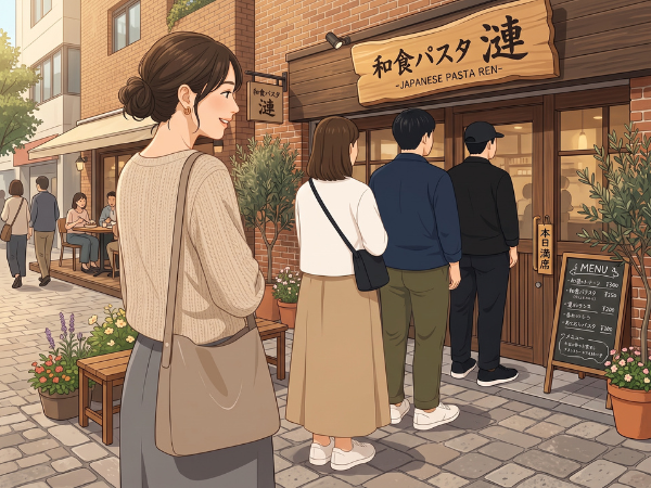 和食パスタ店の行列に並ぶ女性
