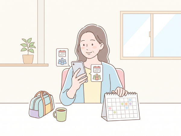 スマホの画面を見ていつが空いているのか調べている女性
