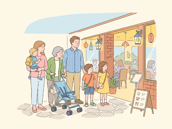 レストランの入り口で中の様子を見ている子どもを含めた6人家族