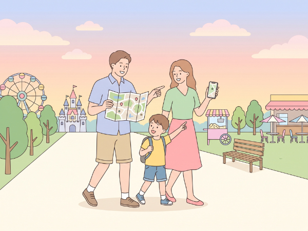 USJの1日の回り方を考えながら、園内マップとスマホを確認する3人家族