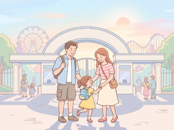 USJの朝の時間を活かすため、開園前に入園ゲートへ早めに到着した3人家族