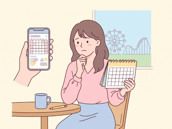 USJの混雑を避けるため、スマホとカレンダーを見ながら来園日を検討する女性