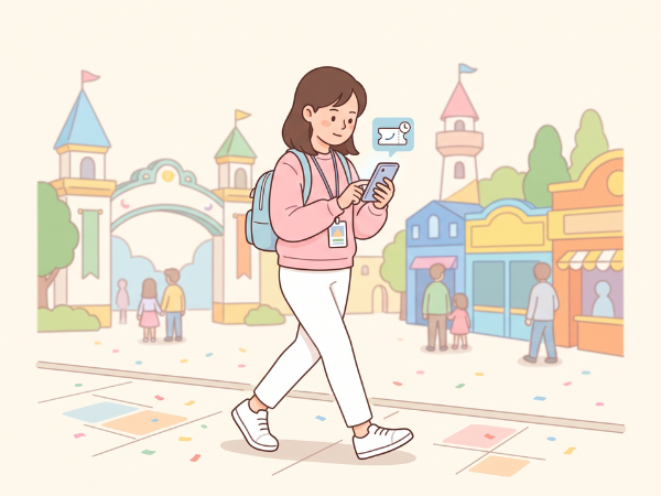 USJ入園後にマリオエリアのe整理券を確認するため、スマホを見ながら歩く女性