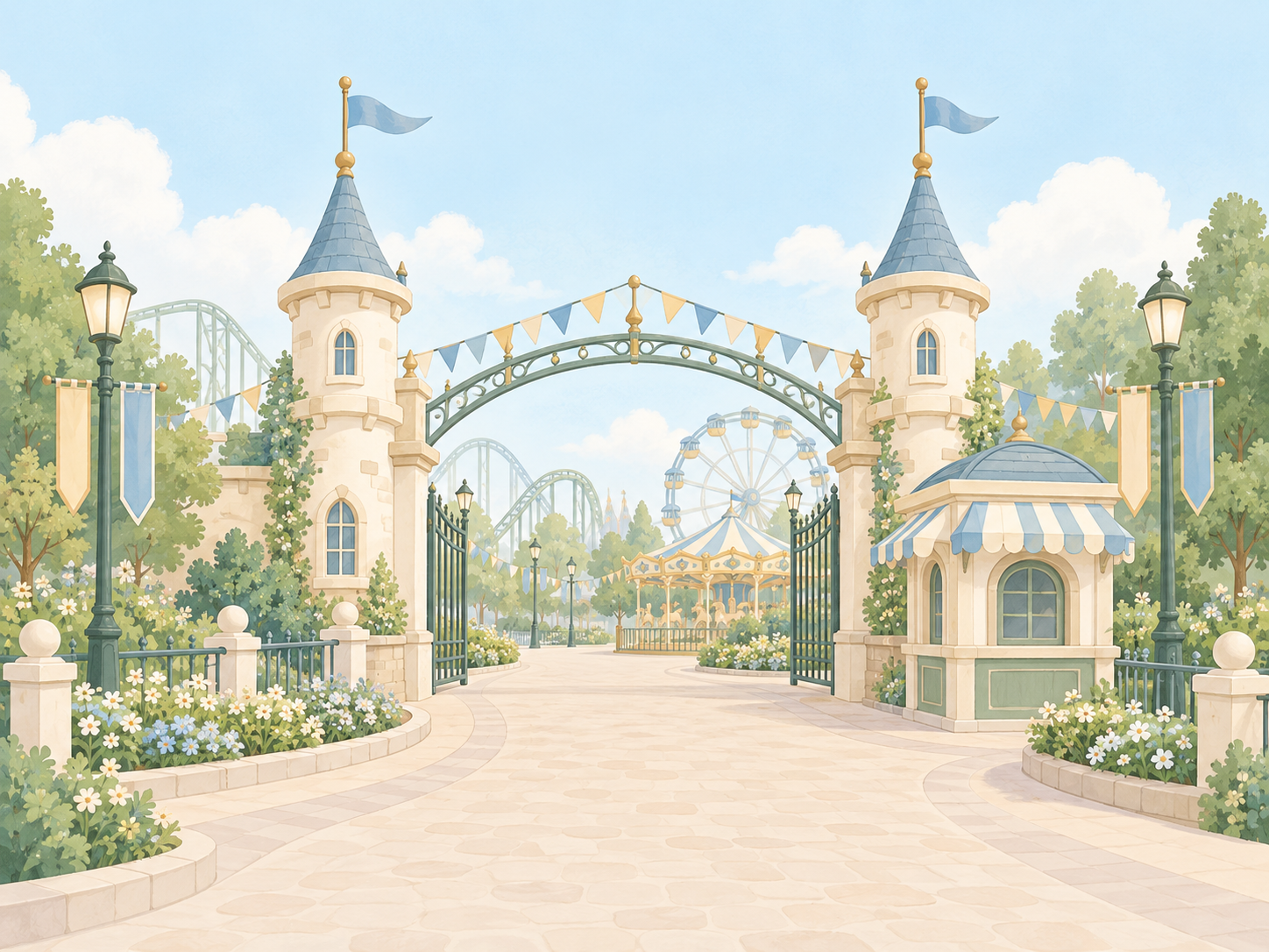 遊園地の入口とアトラクションのイラスト